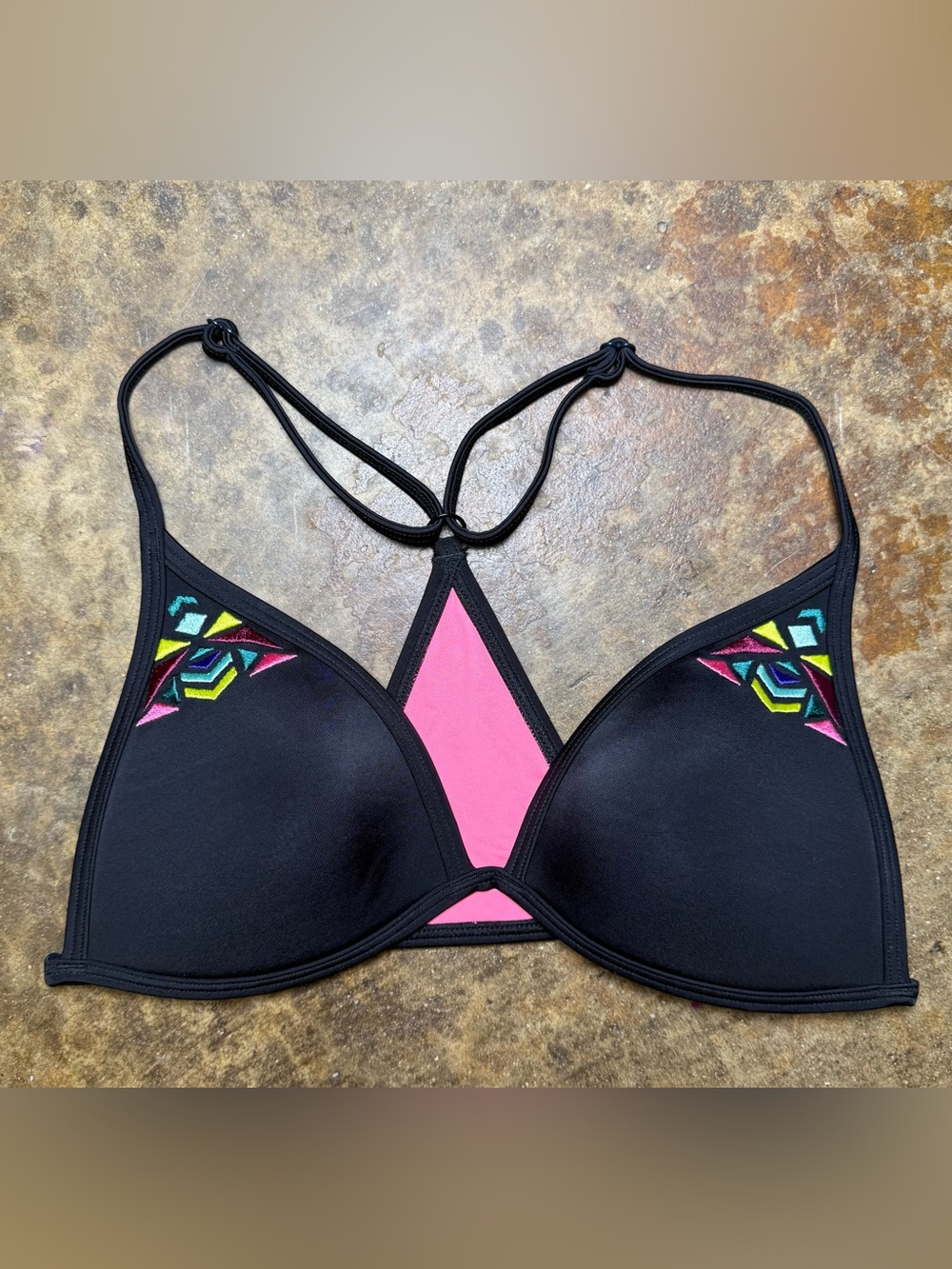 Victoria's Secret PINK Black Bikini Top With Embroidery Size S (AA-C)